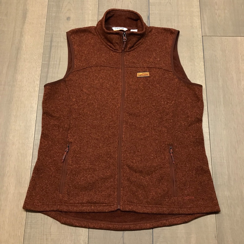 Orvis Vest Womens Size L Orange Fleece‎ Knit Full Zip Hiking Outdoor Gorpcore